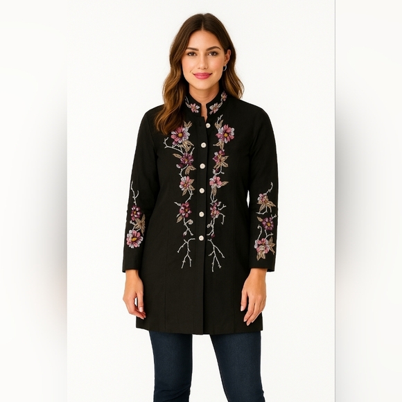 Units Jackets & Blazers - Units Silk Duster Jacket Mandarin Collar Embroidered Mother Pearl Buttons Boho
